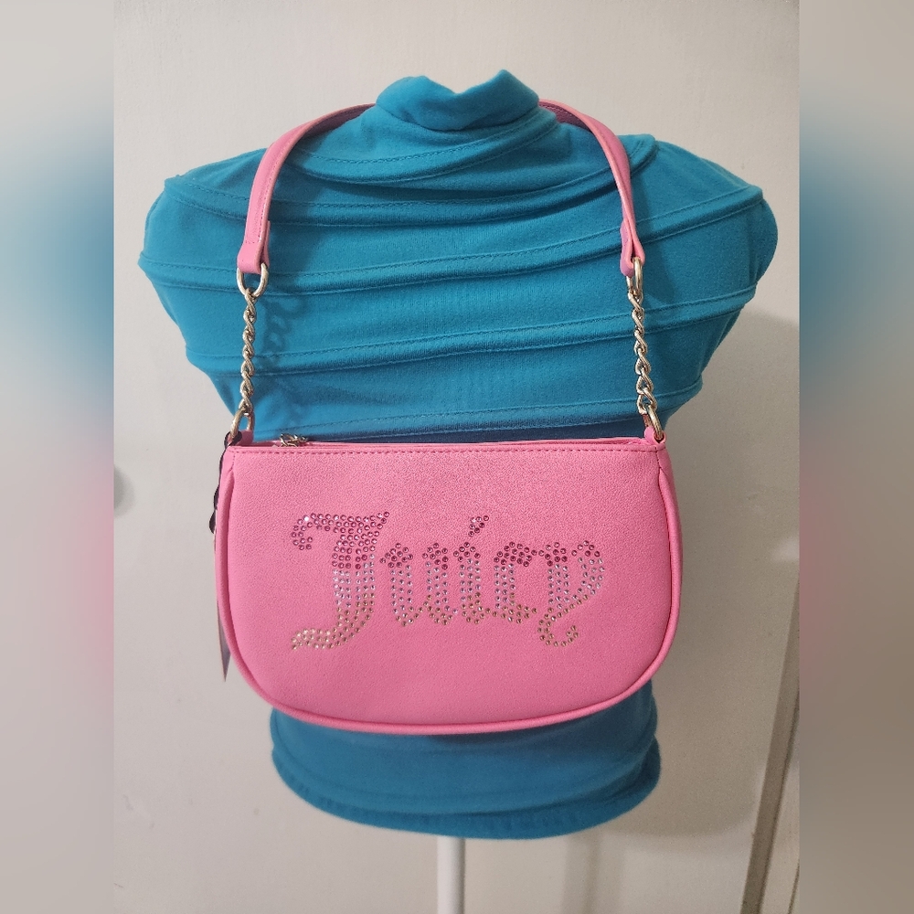 Juicy Couture Pink Shoulder Bag Gold Chain Colored Rhinestone Logo